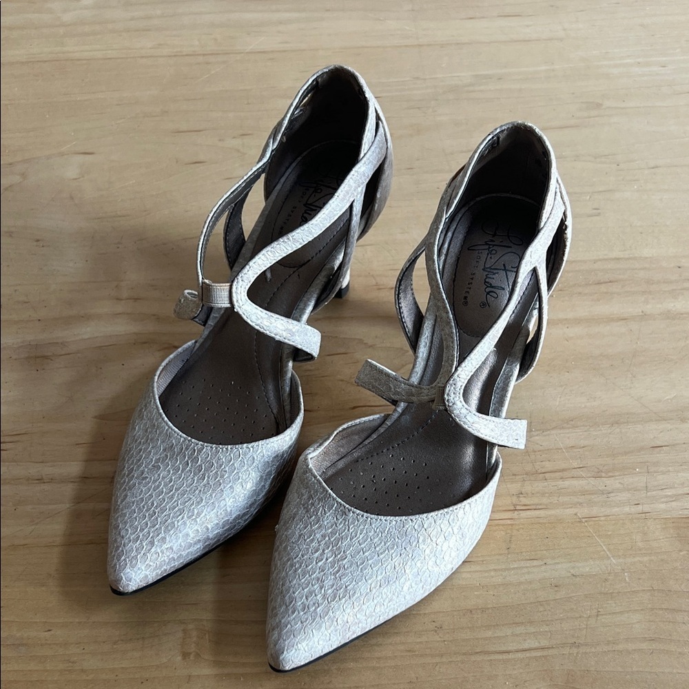 Life Stride Cream Strappy Snakeskin Heels